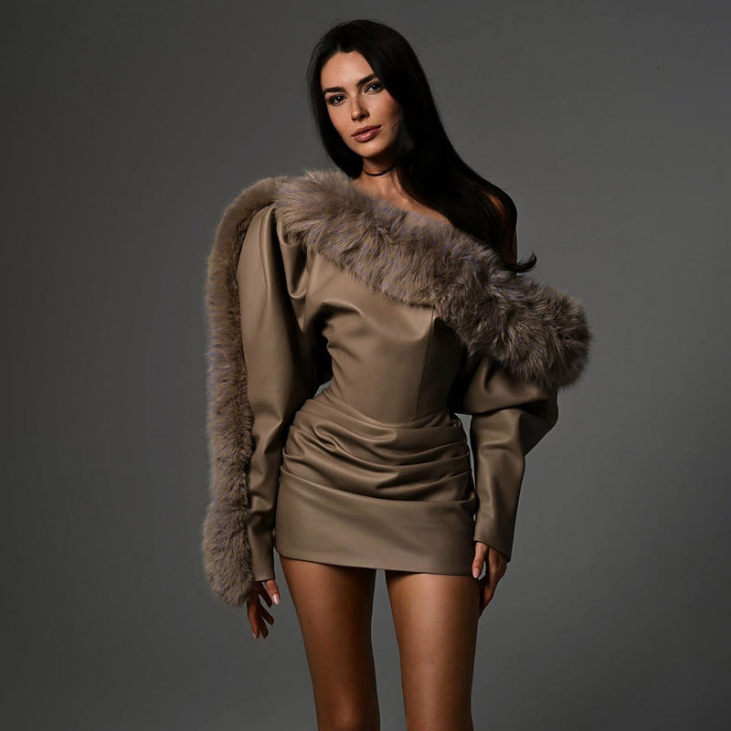 PU leather fringed sexy waist bag and hip dress for women