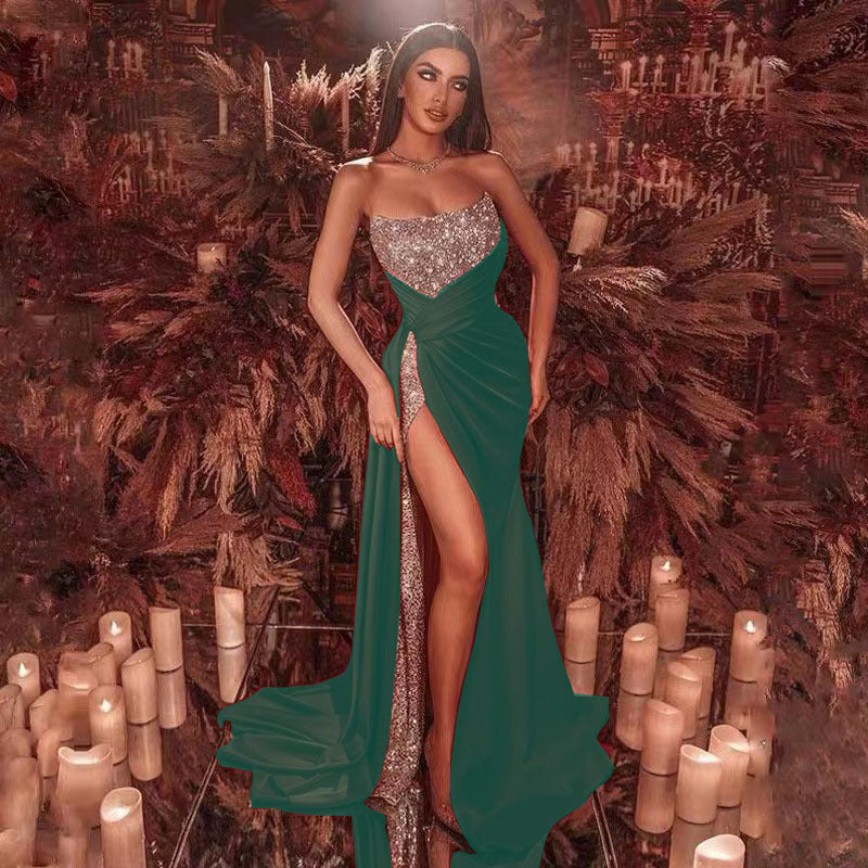 Glitter Split Maxi Dress for Women, Sexy Off-Shoulder Strapless Flared Long Dress, Evening Gown