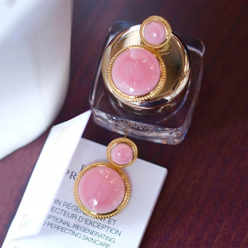Three-dimensional craft design inlaid pink enamel round earrings temperament exquisite charm ladies jewelry accessories