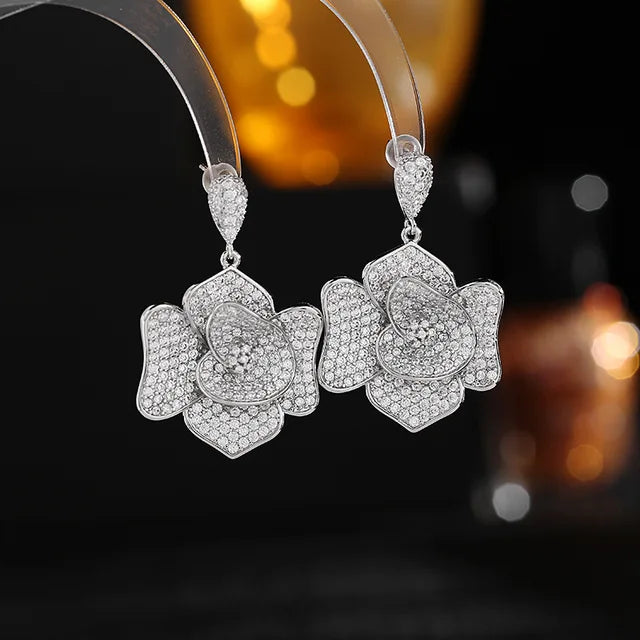 New Design Fashion Golden Color Cubic Zirconia Big Flower Stud eEarring For Women Wedding Bride Jewelry