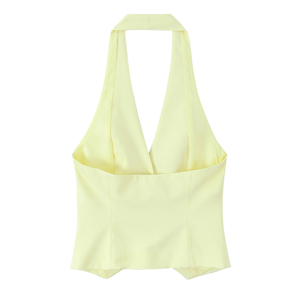 Neck collar vest style top+loose pleated pants set for women