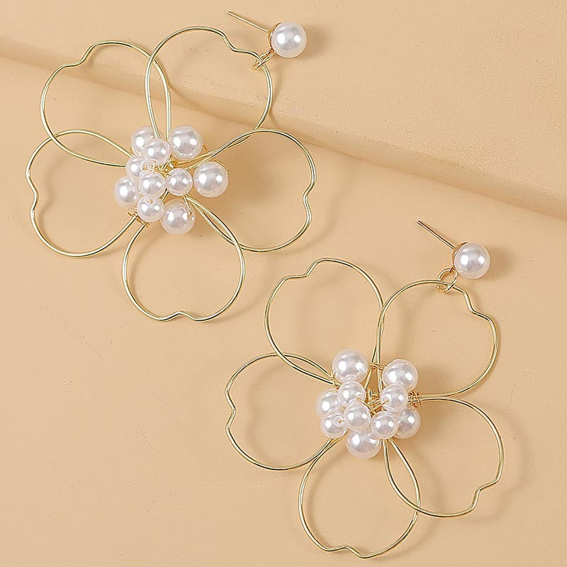 Pearl woven large flower earrings, women's trend, hand wrapped earrings, jewelry