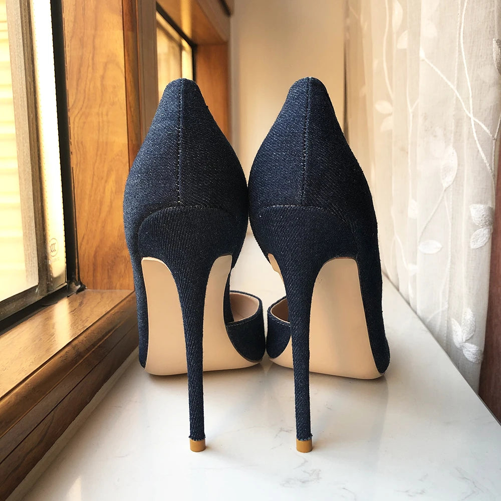 Women Navy Blue Denim Fabric Sexy  Pointy Toe High Heel Shoes Elegant Comfortable Soft Stiletto Pumps Plus