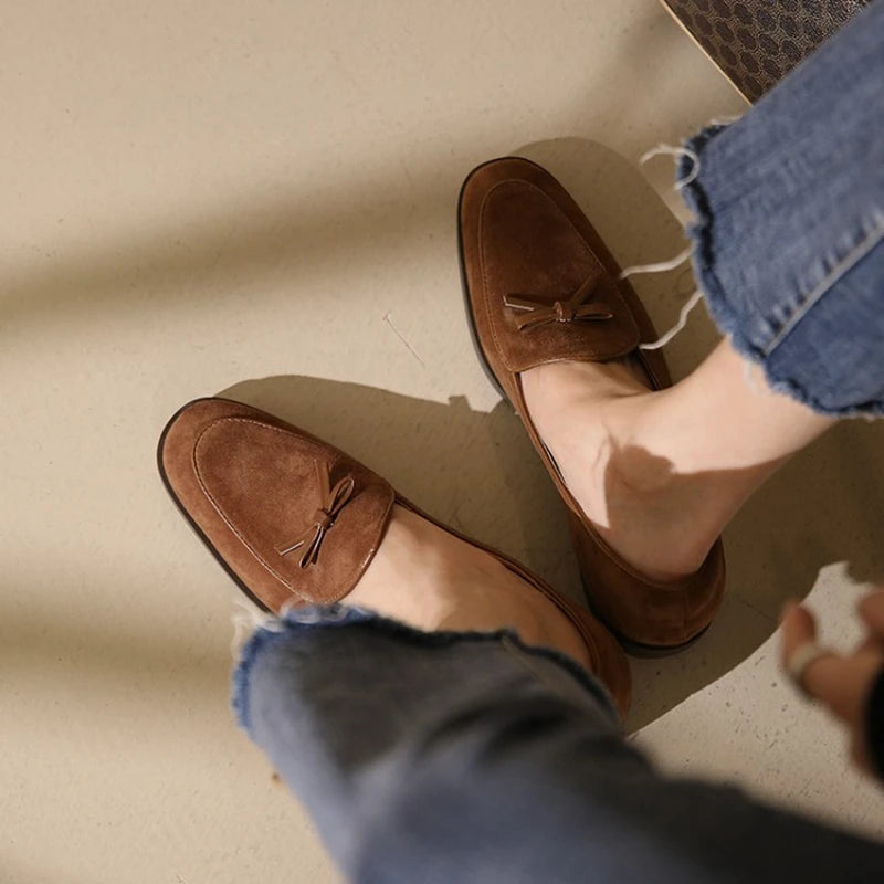 Spring/Autumn Women Loafers Genuine Leather Shoes for Women Round Toe Chunky Heel Shoes Casual Bow-knot Low Heel Women Pumps