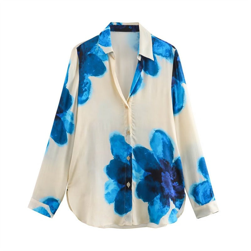 Silk floral print shirt straight leg pants set for women