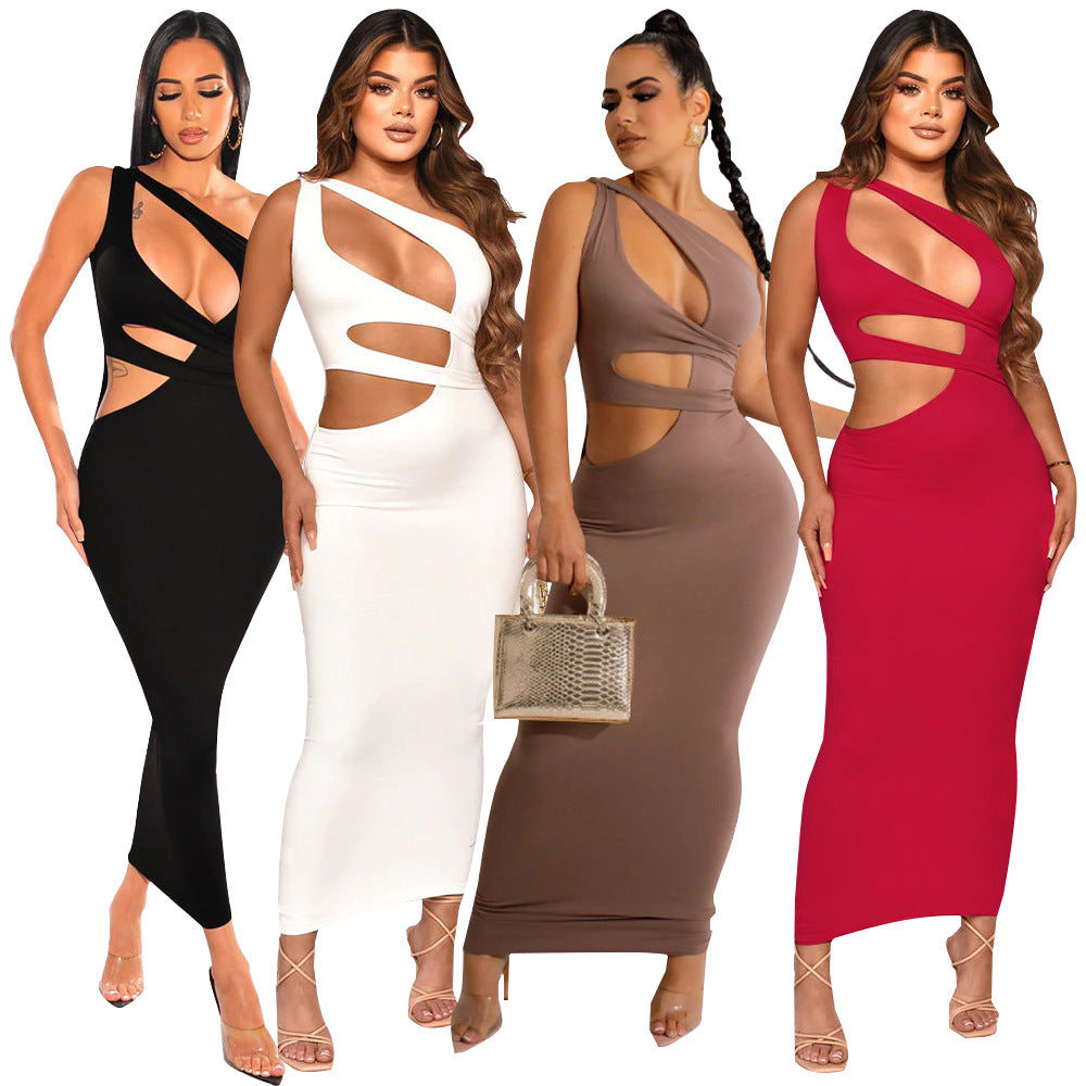 Slanted shoulder sleeveless dress for women