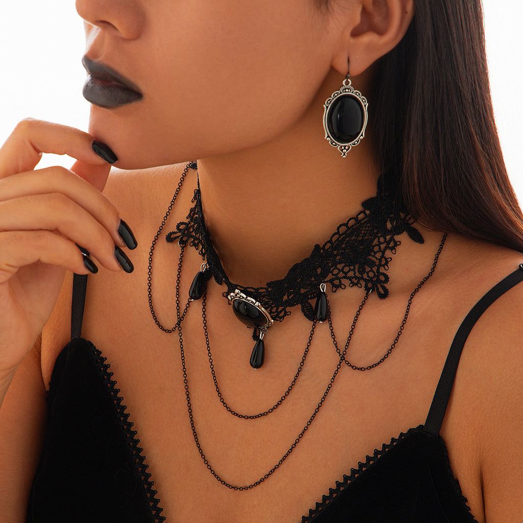 Gothic style moon alloy necklace set for women, sexy multi-layer lace tassel collar