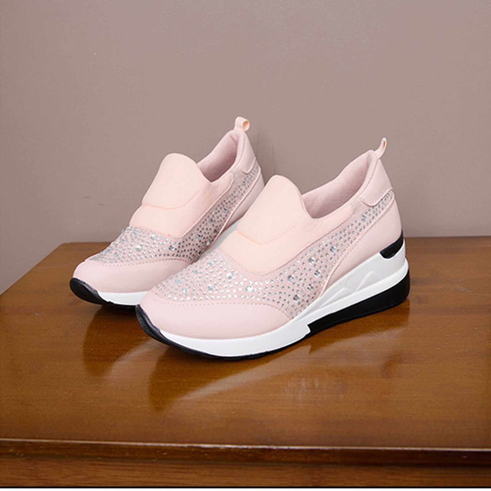 Large slope heel shoes for women in spring, new rhinestone inner height increasing shoes, high heels, lazy shoes, casual sports shoes for women