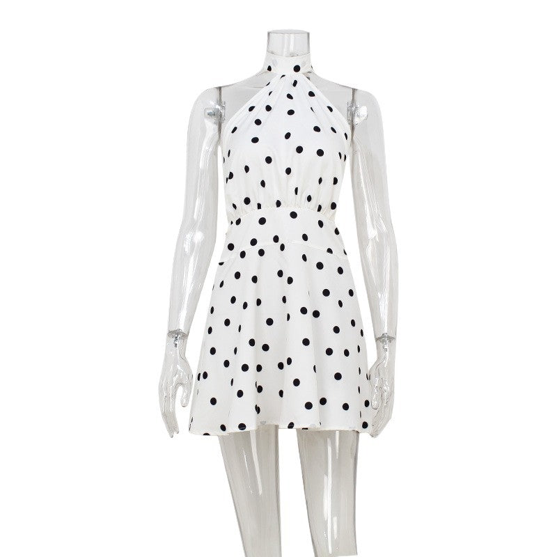 Short Sleeveless Polka Dot Halter Neck French Romantic Sexy Flirty Flowy Fitted Dress for Women Vacation Style