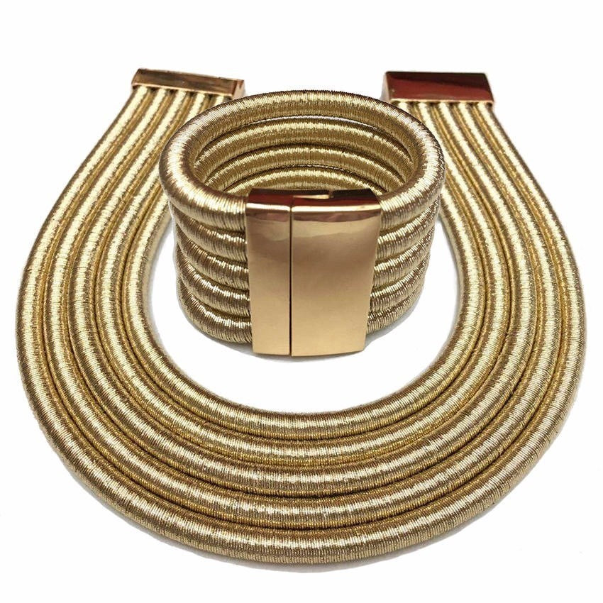 Magnetic clasp necklace set fashionable alloy multi layered braided rope exaggerated necklace for women