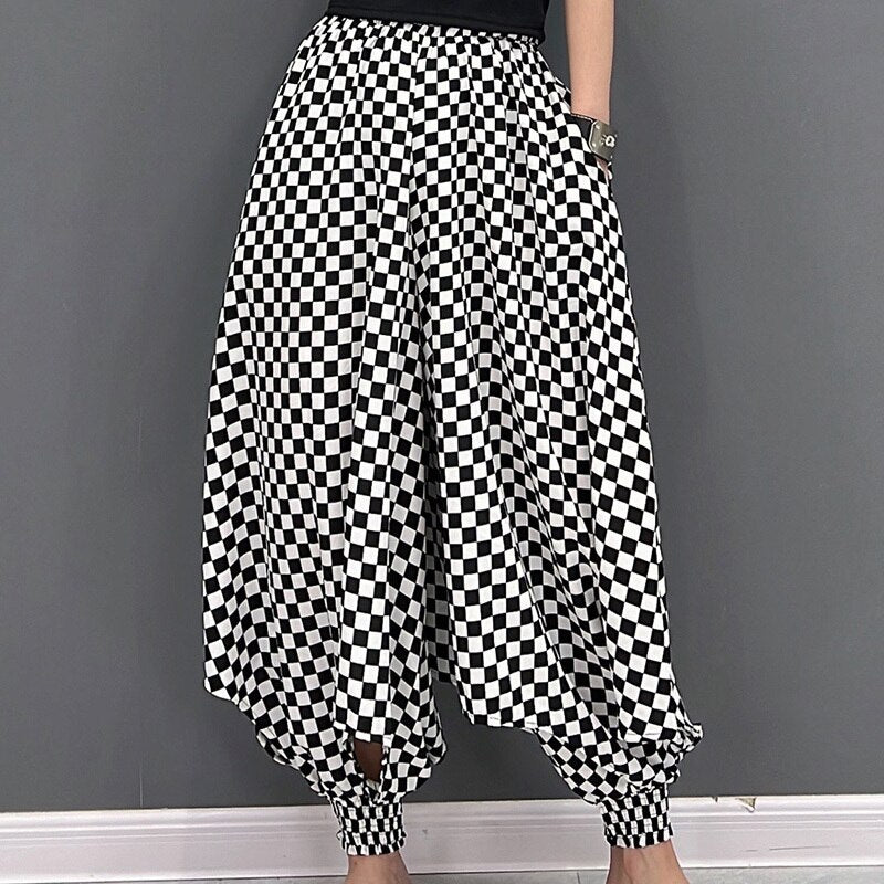 Summer New Fashion Casual Pants High Waist Loose Slim Check Harlan Pants Women