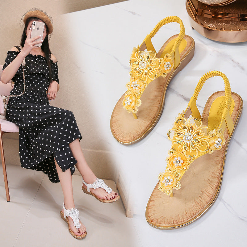 Shoes Women Sandals Women's Clip-On Elastic Strap Open Toe Sandals Flower Trim Flat Sandals