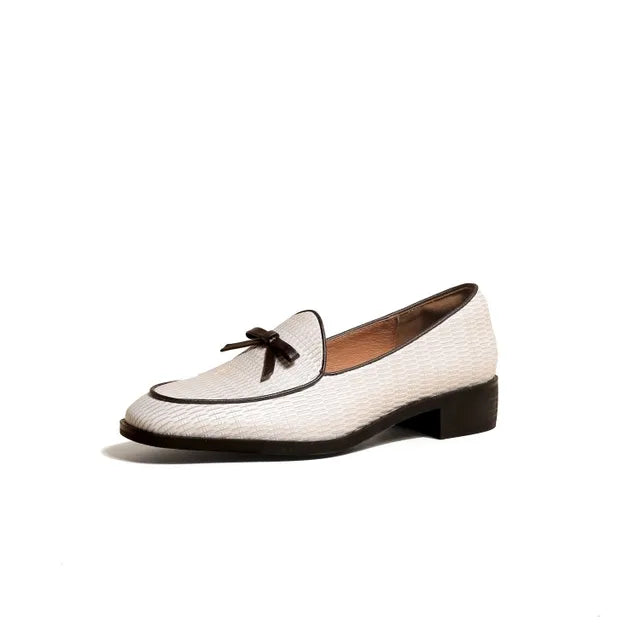 Spring/Autumn Women Loafers Genuine Leather Shoes for Women Round Toe Chunky Heel Shoes Casual Bow-knot Low Heel Women Pumps