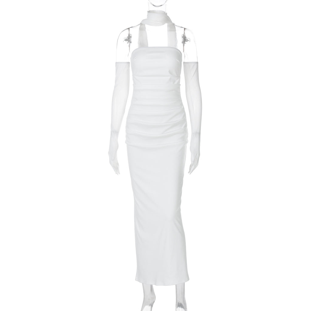 Fashionable and sexy strapless dress with mesh sleeves for women