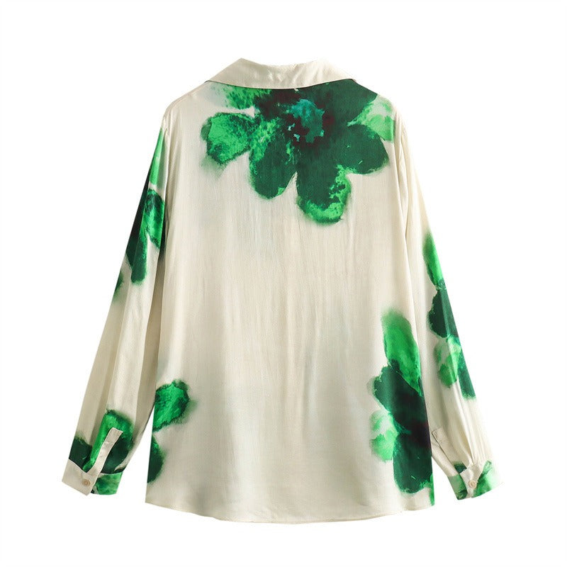 Silk floral print shirt straight leg pants set for women