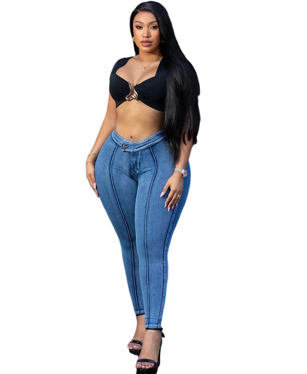 Street Style Washed Denim Elastic Long Pants for Women Fashionable Casual Jeans