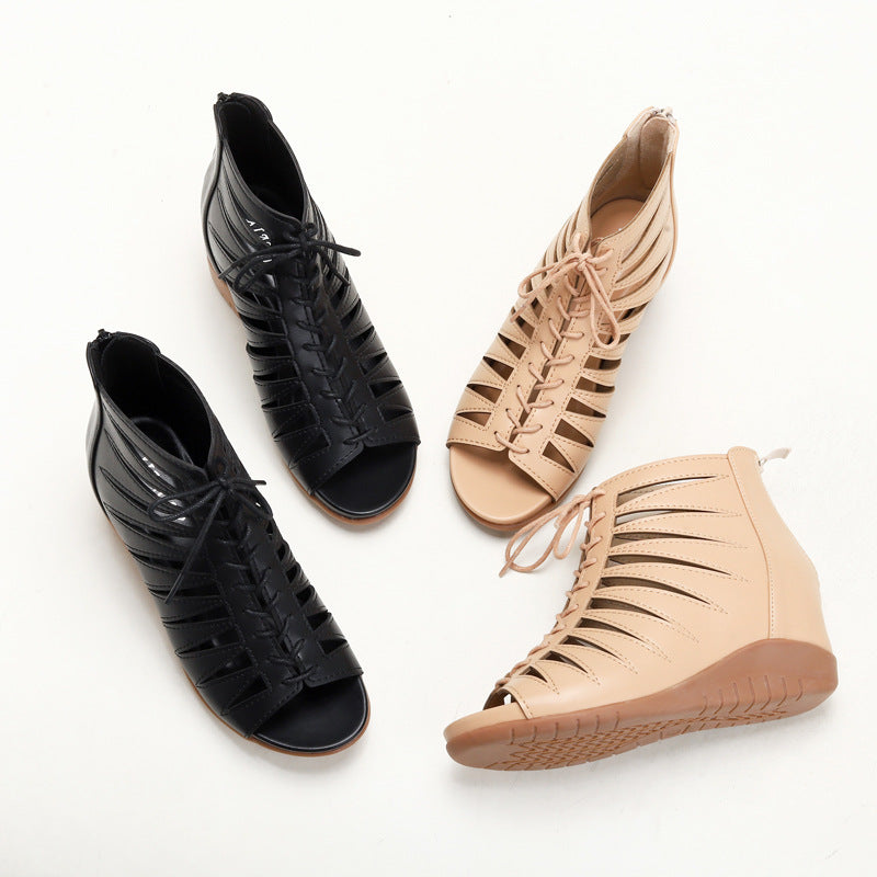 Hollow Out Wedge Sandals with Ankle Strap High-Top Roman Shoes Fish Mouth Sandals for Women