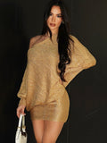 Sexy Asymmetrical One-Shoulder Golden Embellished Fitted Bodycon Dress for Women