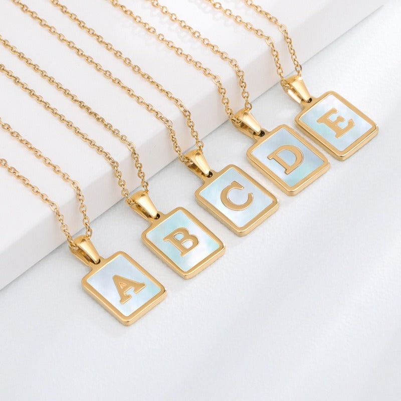 New Stainless Steel Square Letter Necklace Female Gold Shell Inlaid Titanium Steel English Pendant Necklace
