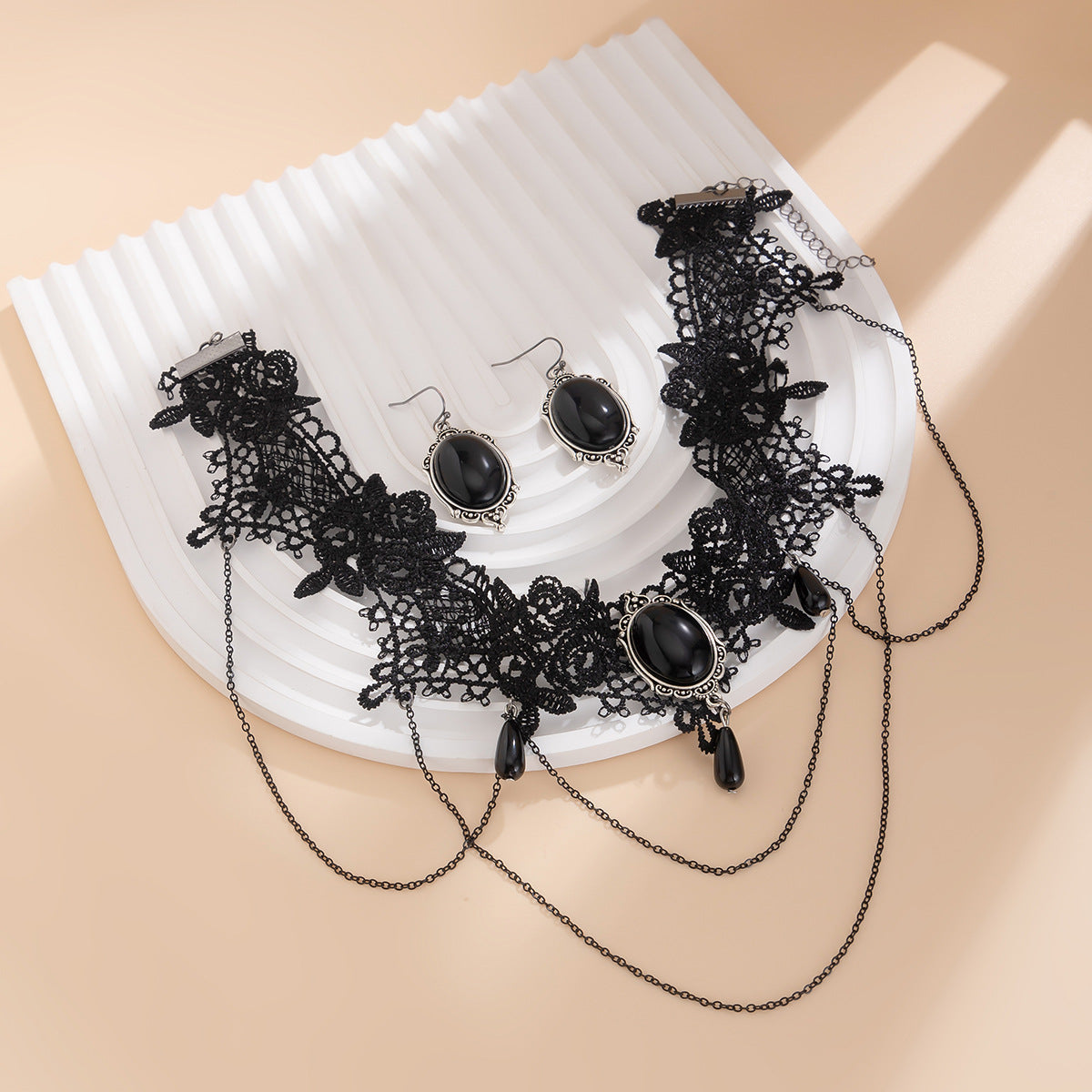Gothic style moon alloy necklace set for women, sexy multi-layer lace tassel collar