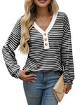 V-neck button top long sleeved color blocked T-shirt