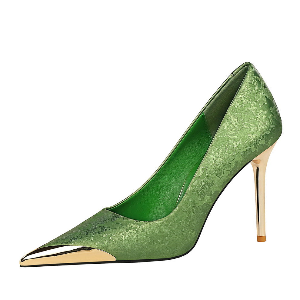 Chinese style women's high heels, silk thin heels, shallow mouth metal pointed satin, banquet high heels, single shoes for women