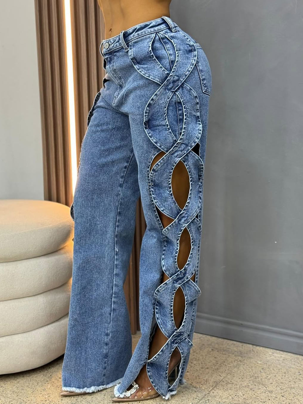Spring Summer Women's Fashion Side Cut-out S-line Denim Patchwork Pants