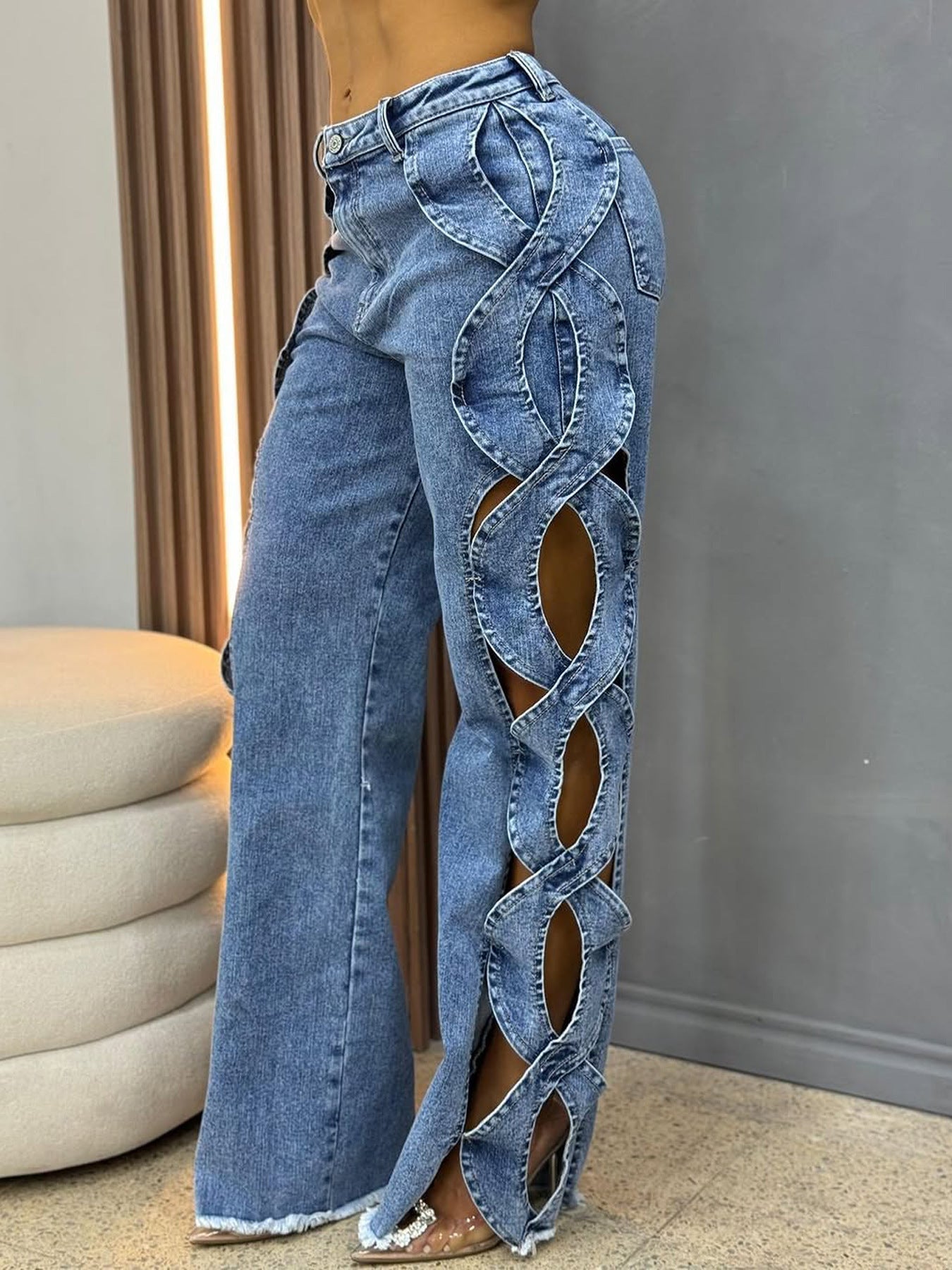 Spring Summer Women's Fashion Side Cut-out S-line Denim Patchwork Pants