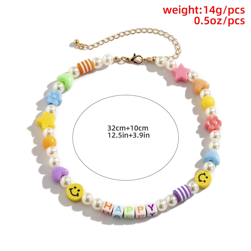 DIEZI Korean Ethnic Imitation Pearl Letters Star Flower Choker Necklace For Women Sweet Girls Smile Face Beads Necklace Jewelry