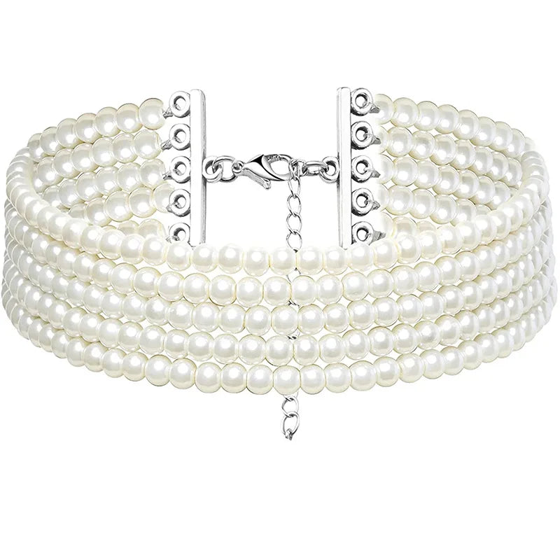 Fashion Multilayer Elegant White Pearl Collar Choker Necklace For Women Beaded Handmade Wedding Banguet Necklace Vintage Jewelry
