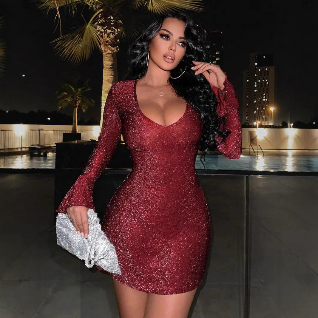 Fashion Sexy Fitted Long Sleeve Solid Color Evening Dress for Women