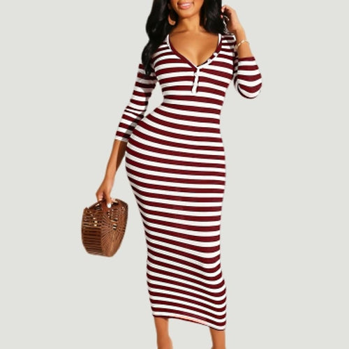 Robe moulante mi-longue rayée sexy Femme automne hiver