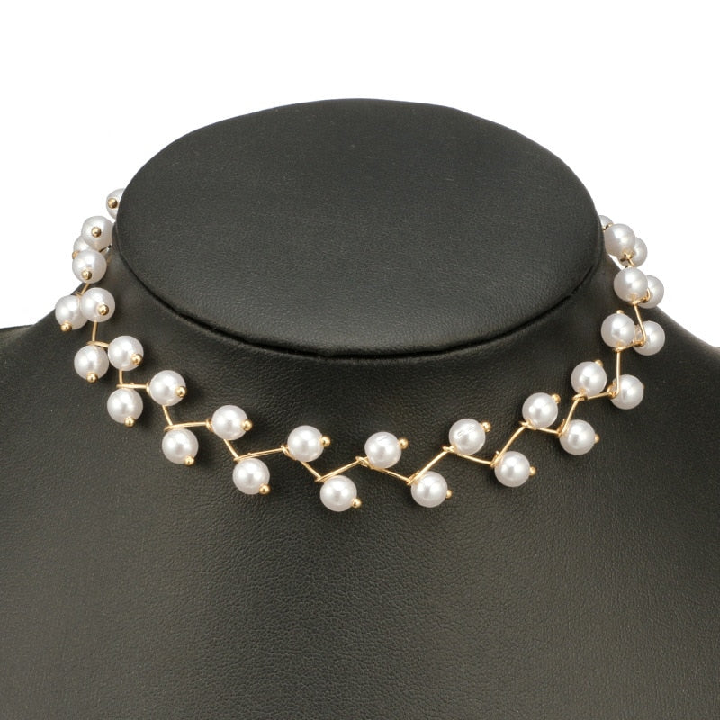 Fashion Women Necklace Choker Pearl Necklace Statement Ladies Collares Gold Color Alloy Jewelry Birthday Gift