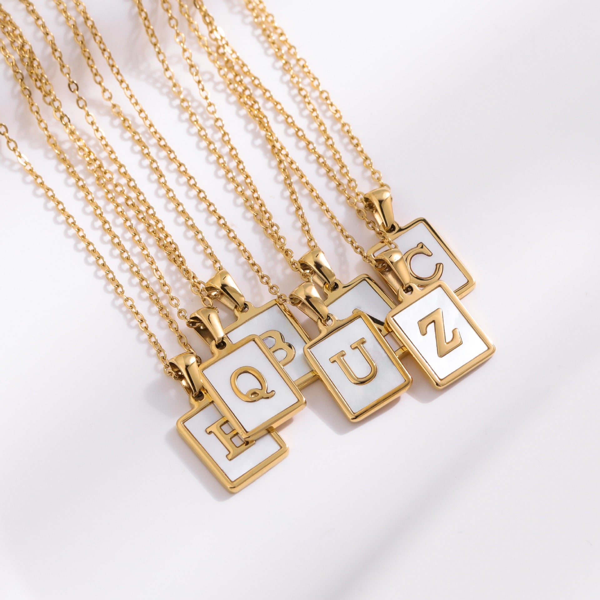 New Stainless Steel Square Letter Necklace Female Gold Shell Inlaid Titanium Steel English Pendant Necklace