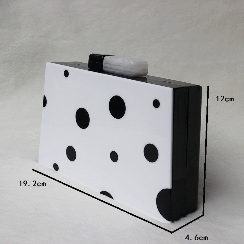 Women New One Shoulder Diagonal Bag Fashion Acrylic Dinner Wedding Bag Black And White Polka Dot Handbag