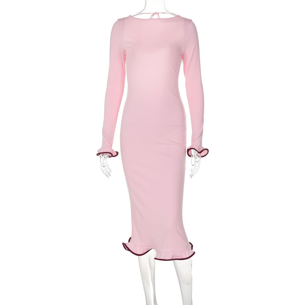 New backless flared sleeves with ruffled hem, knitted long skirt, sexy contrasting long dress for women