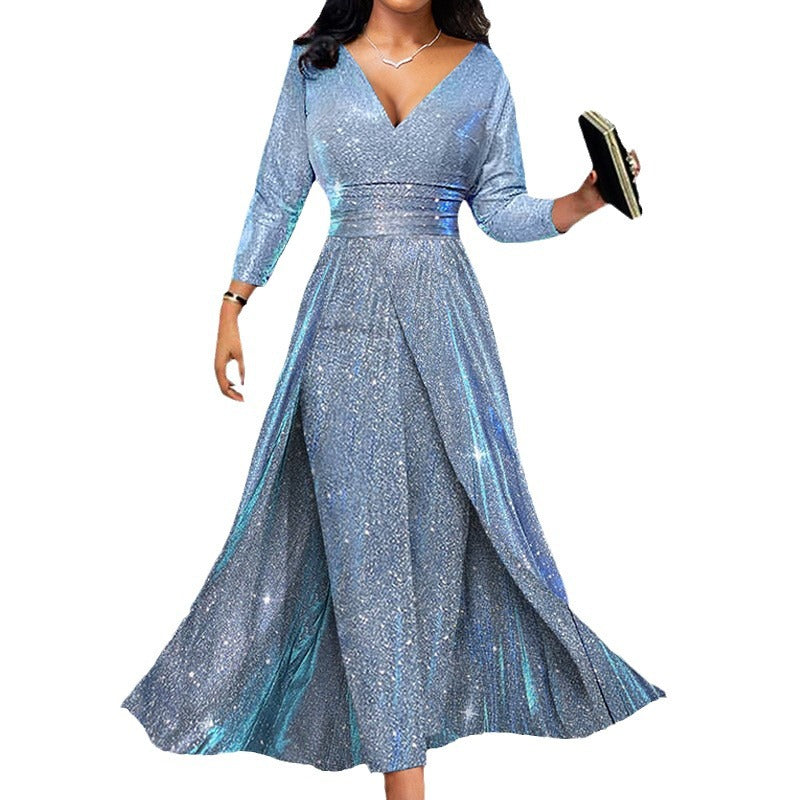 Elegant Evening Gown Dress with Sequined Double-Layered Skirt, Strapless Sexy Fashion Jumpsuit for Women