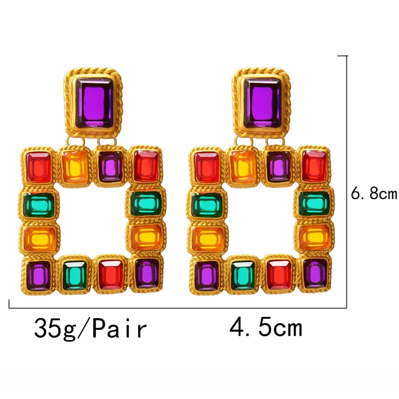Hot Sell Hanging Gold Color Square Dangle Drop Earrings Colorful Crystal Fashion Rhinestone Jewelry Accessories For Women