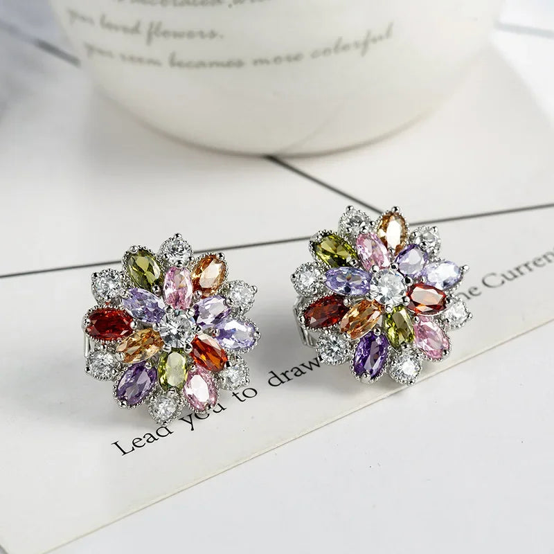 Luxury Rainbow Jewelry Colorful Crystal Zircon Earrings for Women Clip Earrings Without Ear Hole