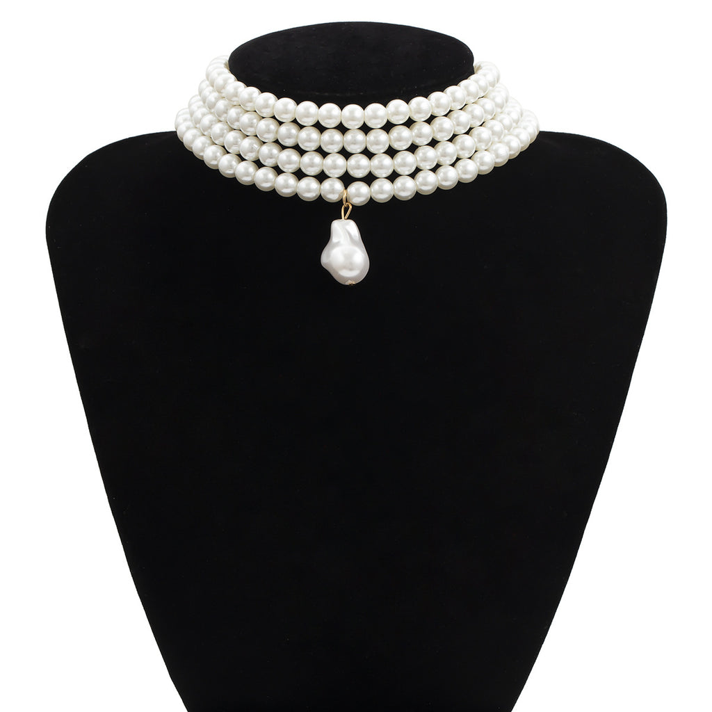Personality Fashion Geometric Beaded Necklace Simple Multilayer Pearl Shaped Pendant Necklace Women