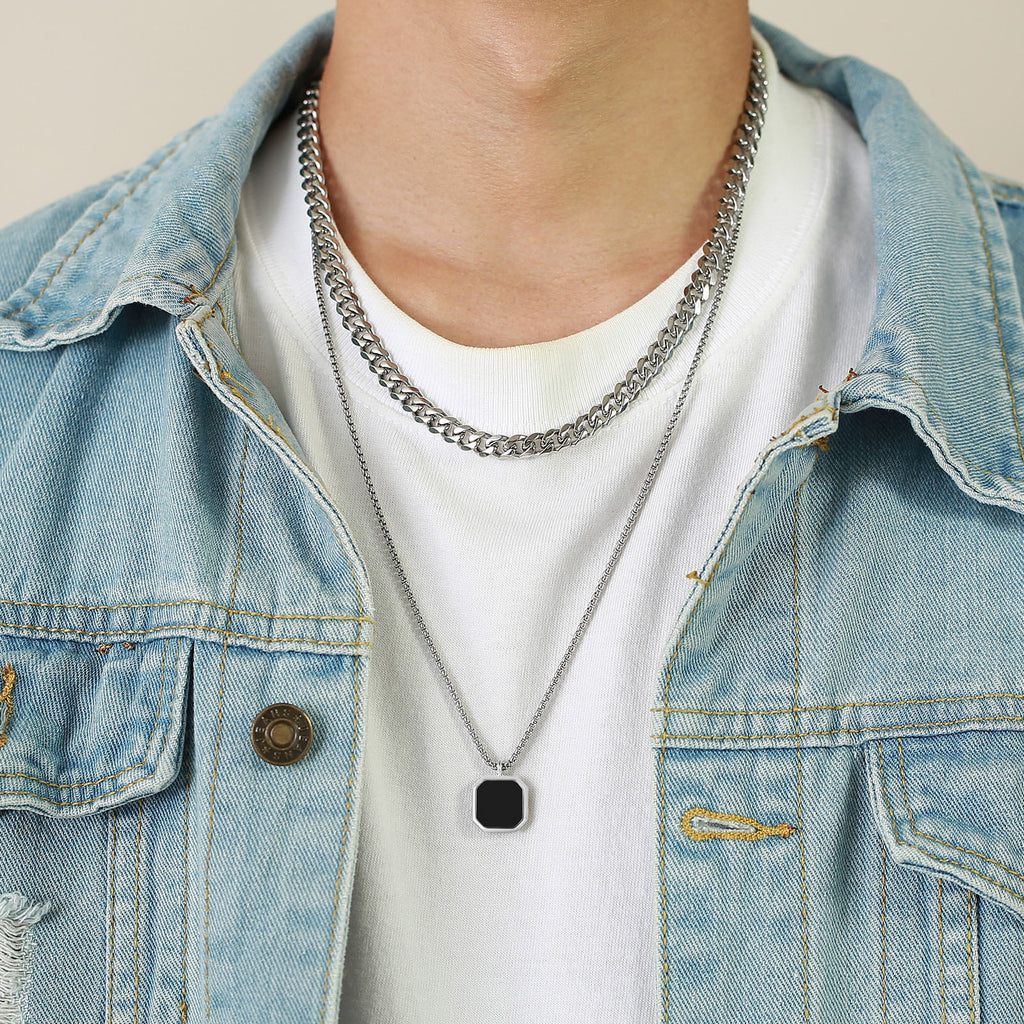 Stainless Steel Glue Dropping Black Square Pendant Men's Sweater Folding Necklace Long Sweater Chain Accessories