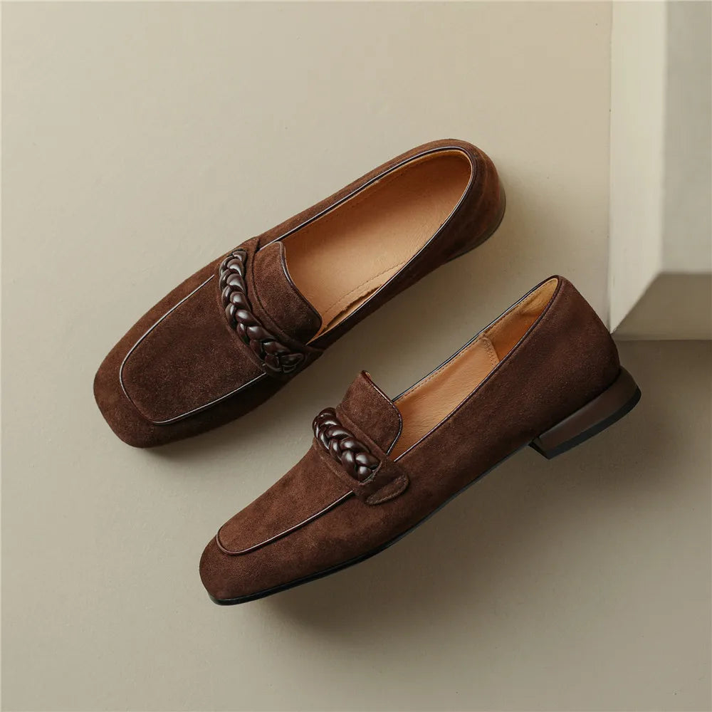 Concise Solid Color Women Soft Kid Suede Flats Slip On Round Toe Casual Street Shoes Handmade For Ladies