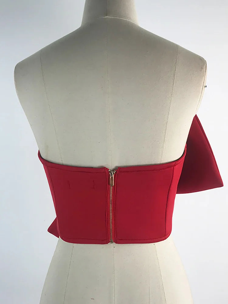 Fashion Women 2 Pcs Set Bow Zipper Sleeveless Strapless Tops High Waist Spliced Pleated Pants Suit Summer Set