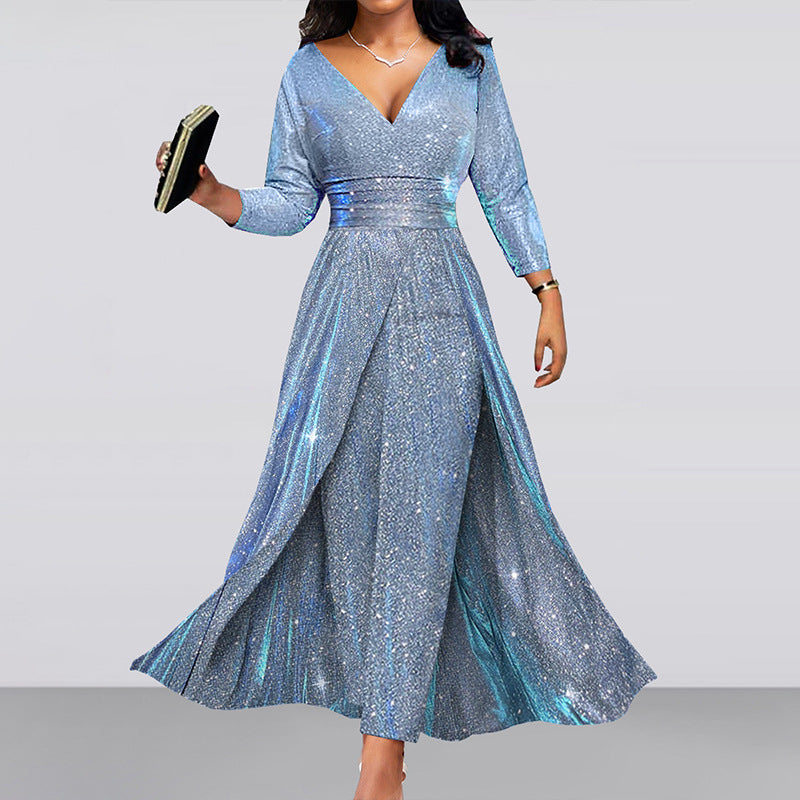 Elegant Evening Gown Dress with Sequined Double-Layered Skirt, Strapless Sexy Fashion Jumpsuit for Women