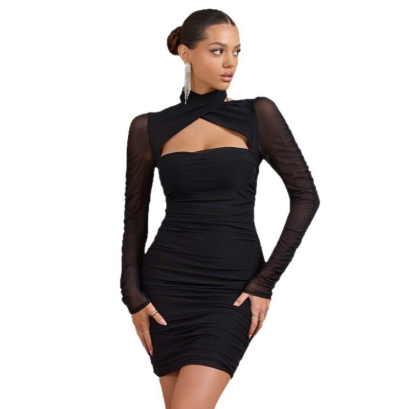 One neck sexy long sleeved backpack hip exposed dress for women