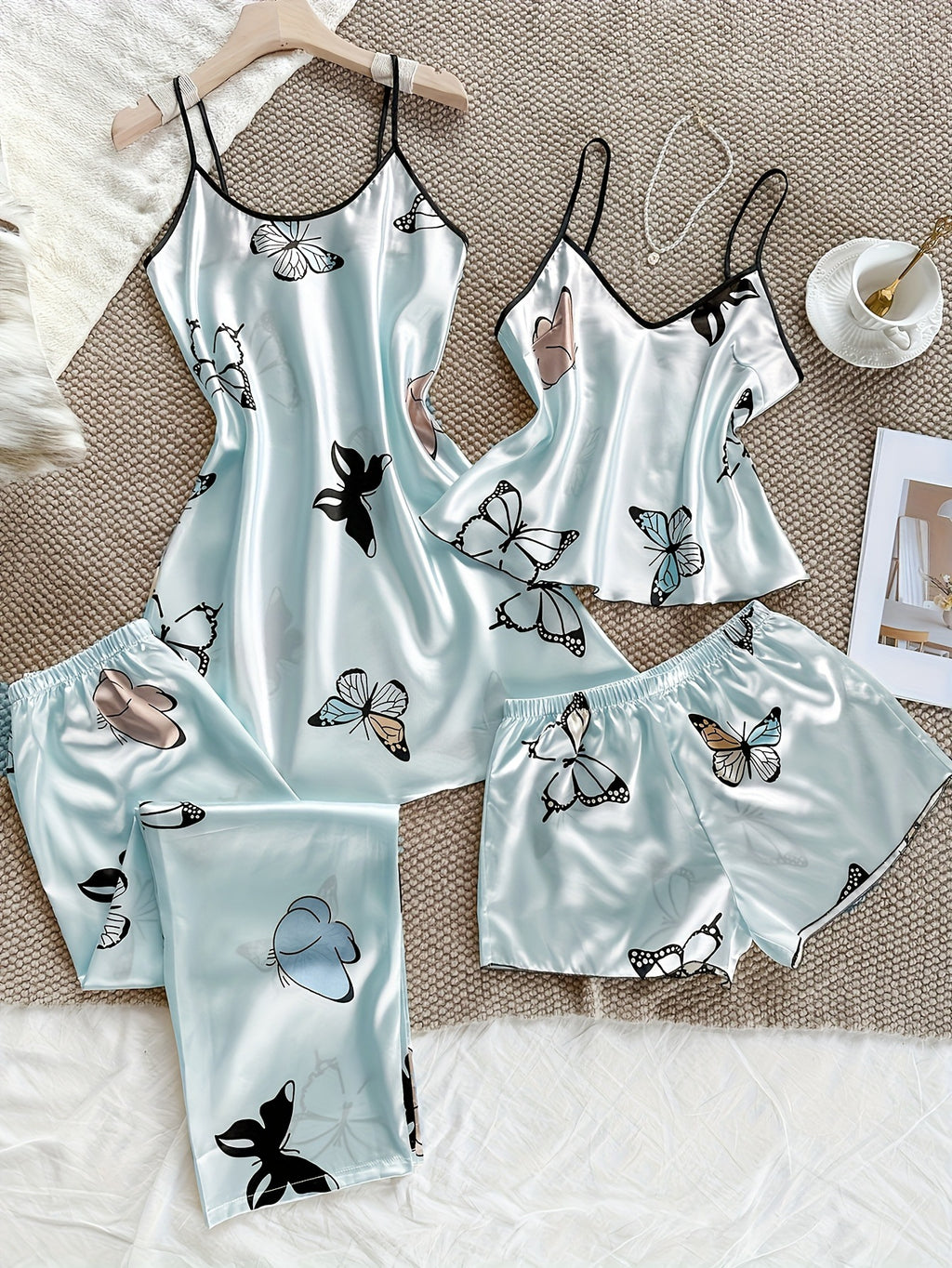 Silk-like Home Wear Set with Butterfly Print, 4-Piece Fashionable Casual Sleepwear for Women