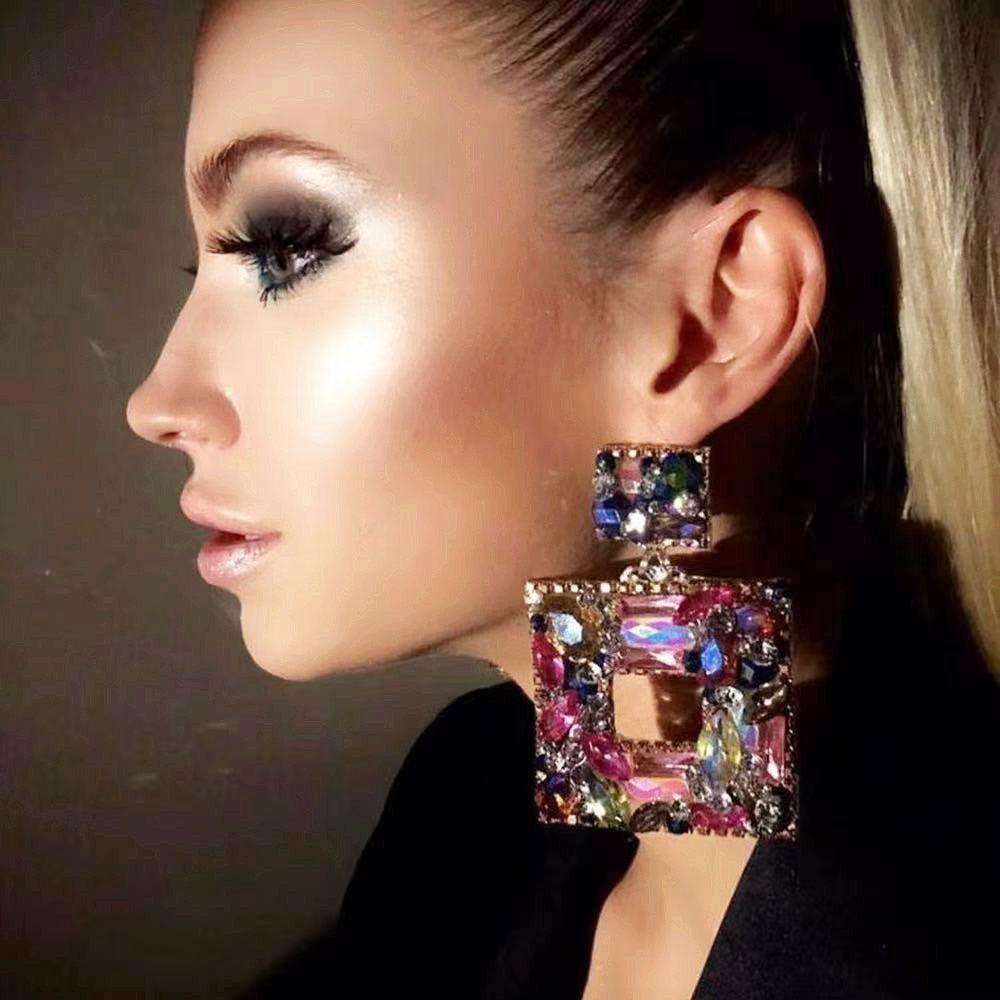 Boutique Fashion Women Glass Crystal Big Dangle Earrings For Women Fashion Jewelry Trendy Lady's Statement Earrings Accessories