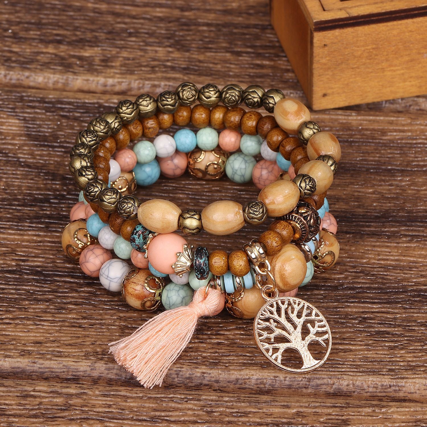 Boho Multilayer Wooden Beaded Bracelet Stretch Bracelet Jewelry