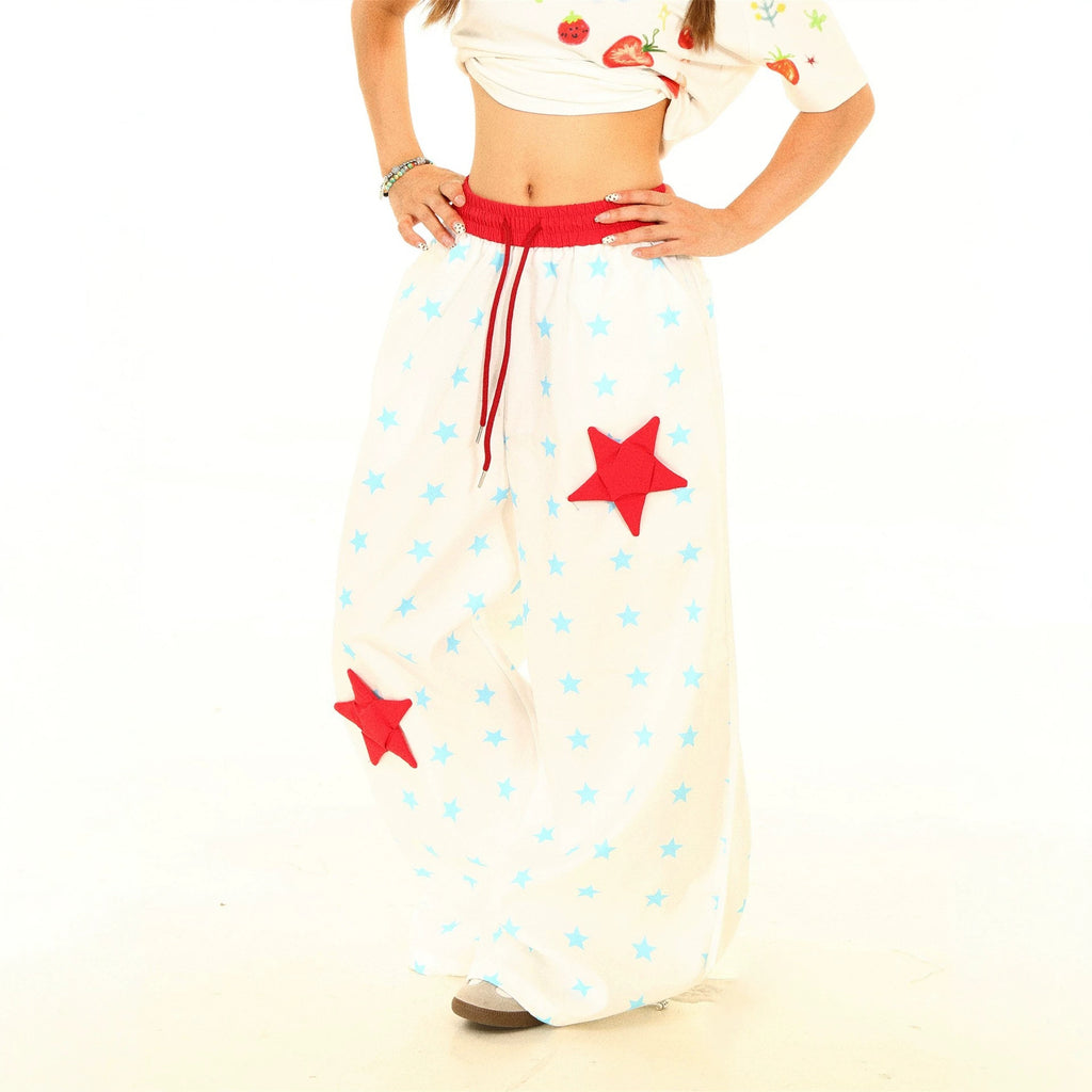 Vintage Star Print Casual Pants Women Wide Leg Pants