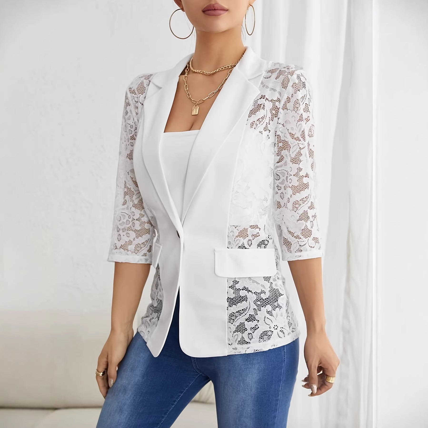 Elegant Solid Color Fashion Lace Spliced Blazer Jacket Women's Top